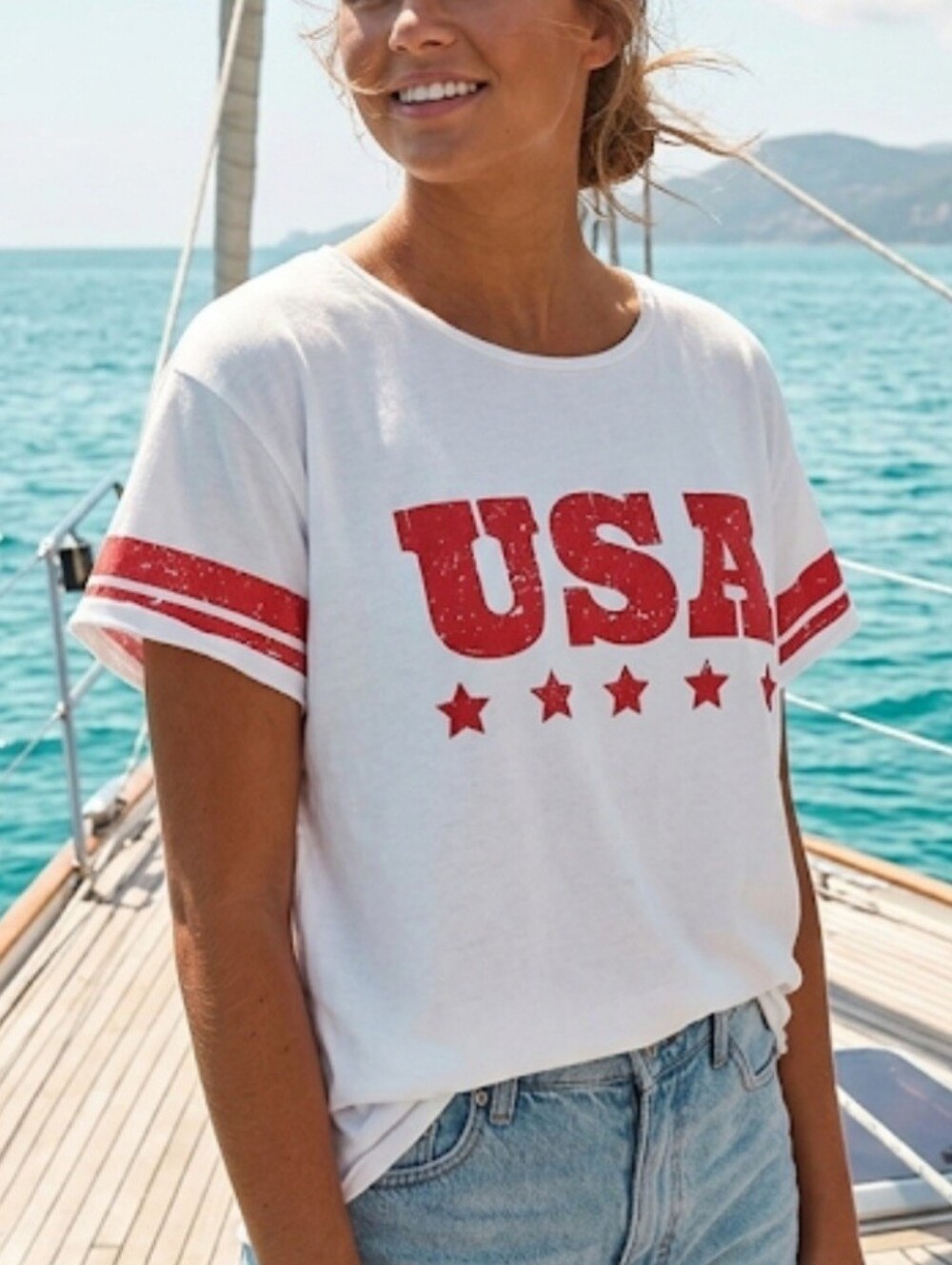 Show Me Your MuMu Airport Tee In USA Graphic Sporty Red Stripe Sleeves
